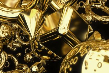 3d render of abstract 3d background with simple geometry figures as cube sphere cone cylinder torus in gold material on black background