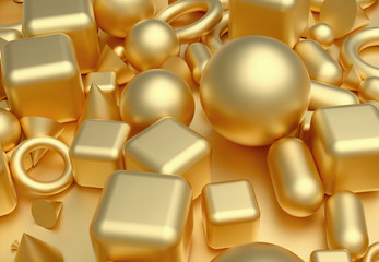 3d render of abstract 3d background of composition with simple geometry figures as cube sphere cone tours and capsule in gold mate material