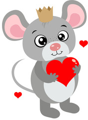 Cute king mouse holding a red heart