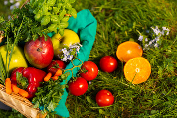 Fresh organic vegetables in wicker basket in the garden. Top view. Healthy food. Vegetarian