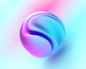 3d render of abstract art with surreal 3d ball in organic curve round wavy smooth and soft bio forms in matte metal material in blue and pink gradient color on light blue background