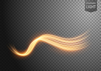 Abstract gold wavy line of light with a transparent background, isolated and easy to edit