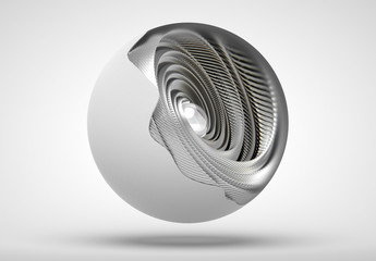 3d render of art with abstract mechanical ball in white rough plastic outside and silver metal inside of turbines in swirl or twisted blades elements, with glass sphere as core, looks like robot eye 