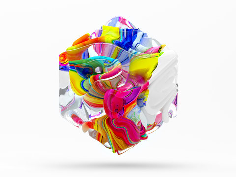 3d render of abstract art 3d cube or box in organic curve round wavy smooth and soft bio forms in glass and plastic material painted in acrylic red pink blue yellow and green color on white background