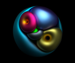 3d render of abstract art with surreal composition based on soft body torus rings or circles elements in matte gold grey blue and pink rubber material create big ball or sphere on black background 