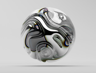 3d render of abstract art with surreal 3d ball in organic curve round wavy smooth and soft bio forms in glossy silver metal material with color round lines spectrum and with glass parts on light grey
