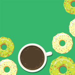 Donuts and cup of coffee or hot chocolate. Sweet sugar icing doughnuts in the glaze with colorful sprinkle topping. Flat style background for poster, menu or banner design. Vector eps10 illustration.
