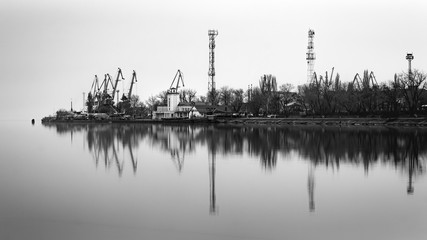 Seafront of the town of Taganrog, Russia. In black and white.