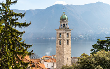 View of Bell tower of Saint Lawrence Cathedral in Lugano, Switzerland