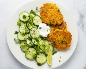 CHICKPEA FRITTERS WITH GREEN CHILLI AND CUCUMBER SALAD