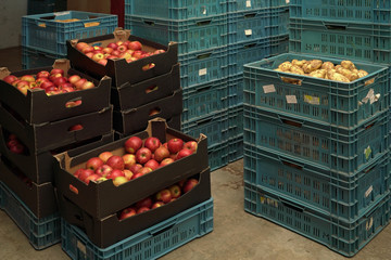 Stacks of plastic box containers with apples, potatoes and other crops in fruit and vegetables warehouse