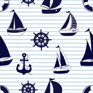 Seamless pattern with cartoon boats  and with nautical elements