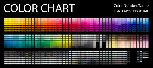 Color Chart. Print Test Page. Color Numbers or Names. RGB, CMYK, HEX HTML codes. Vector color palette. - obrazy, fototapety, plakaty