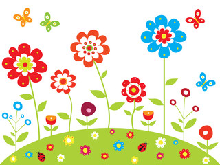 Spring background with butterflies and flowers garden. 