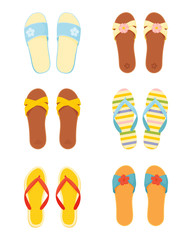 Leather and silicone summer slippers vector set. Women's beach slippers and flip flops in flat style isolated on white background.