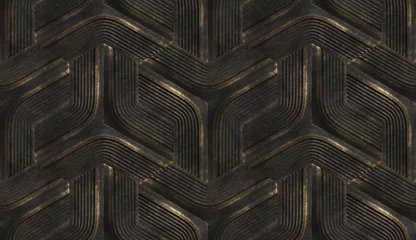 Fototapete 3D-Innentapete in Form von schwarzen futuristischen Reliefmodulen mit goldenen Abnutzungsspuren an den Rändern. Hochwertige nahtlose realistische Textur. © GeoModule