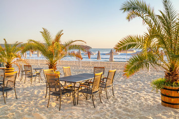Coastal landscape - view of the beach with beach furniture, palm trees and umbrellas, city of Varna, on the Black Sea coast of Bulgaria