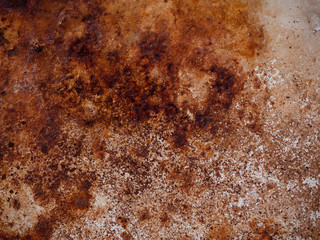 Yellow brown rust and dirt on white enamel. Rusted brown abstract texture. Corroded metal background. Rusty white painted metal surface.
