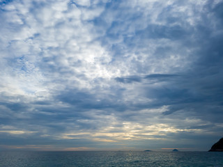 Sky in perspective, colored in gradient, soft colors, delicate as if it were a painting of the landscape of Itacoatiara beach in the city of Niteroi, Rio de Janeiro state, Brazil.