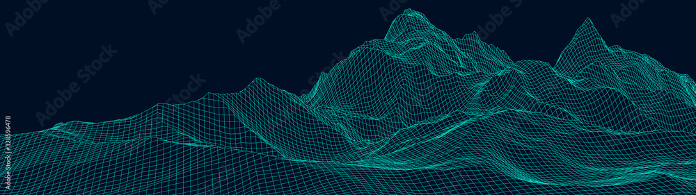 Aufkleber vector wireframe 3d landscape. technology grid illustration. network of connected dots and lines. fu