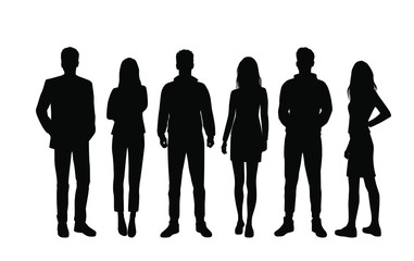 Vector silhouettes of  men and a women, a group of standing  business people, black color isolated on white background