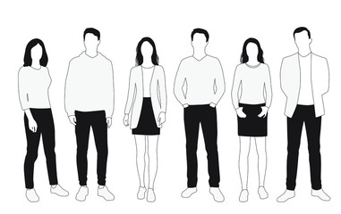 Vector silhouettes of  men and a women, a group of standing  business people,  linear sketch, black, gray and white color isolated on white background