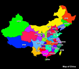 Bright Map of China. map of China graphic illustration on black background.