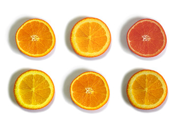 Round slices of oranges next to each other. Sliced oranges isolated on a white background. Citrus family