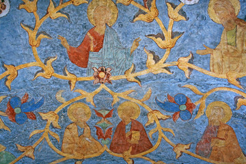 Old painting on the ceiling of main gate to the internal part of Kirillo-Belozersky Monastery, Russia