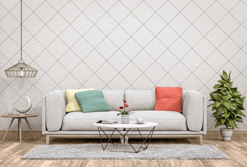 interior modern living room with sofa,  plant, lamp, decoration, 3D render