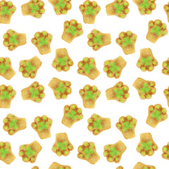 Seamless pattern with cat's foot with a green shamrock pad. Hand-drawn watercolor background. Funny cat for St. Patrick's Day. Perfect for irish national design, textile, wrapping paper, surface