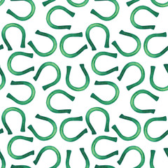 Seamless pattern with horseshoes. Watercolor emerald horseshoes on a white background. Abstract background.