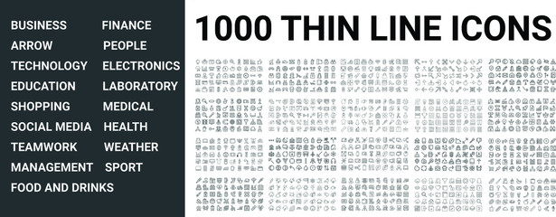 Big set of 1000 thin line icon. Business, finance, technology,sport, medical, health, people, teamwork, arrows, electronics, social media, education, shopping, weather, management, laboratory, ui pack