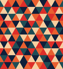 Fototapeta na wymiar Retro Triangle vector seamless pattern. Festive, merry geometric shapes background. Abstract texture for wrapping, wallpaper, textile, leaflet. Red, Orange, Beige, Blue, Green mosaic backdrop.