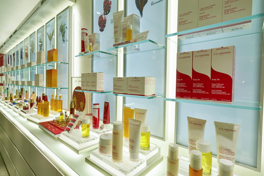 HONG KONG, CHINA - CIRCA JANUARY, 2019: personal care products on display at Clarins store in New Town Plaza shopping mall