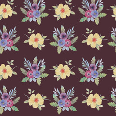 Seamless watercolor flowers pattern. Flowers and leaves. Hand painted color. Floral pattern for design. Seamless floral pattern.  Painted flowers for packaging, wallpaper, fabrics.