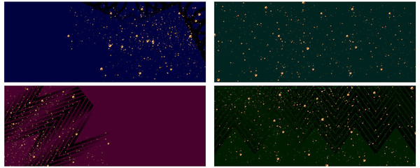 Obraz premium Set of dark multicolored muted backgrounds with gold sparkles pattern. Art Deco Banner Cover