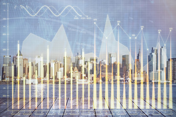 Forex graph on city view with skyscrapers background multi exposure. Financial analysis concept.