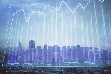 Forex graph on city view with skyscrapers background multi exposure. Financial analysis concept.