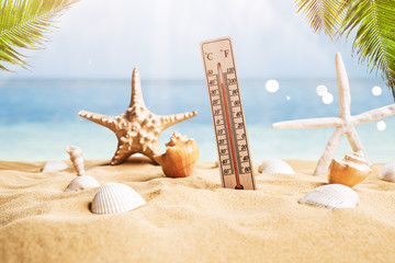 Thermometer On Sand Showing High Temperature