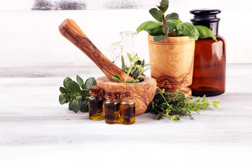 Homegrown and aromatic herbs on rustic background with rosemary and basil