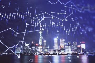 Financial graph on night city scape with tall buildings background multi exposure. Analysis concept.