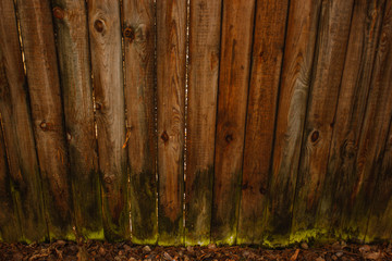 Fototapeta premium Rustic Wooden Fence With Moss Growing on it. Wood, exteriors.