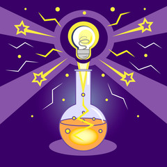 chemical experience, scientific discovery, experiment with electricity, light bulb lit up, stars and lightnings, an idea came, a new discovery, a breakthrough in science.