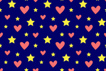 Нearts and stars on a dark background, funny blue background for creativity