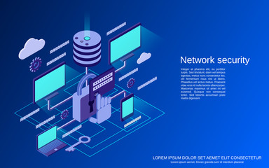 Network security, information protection flat 3d isometric vector concept illustration