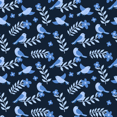 Seamless hand drawn floral pattern with flowers and flying birds. Spring and summer background for textile, fabric etc. Vector illustration