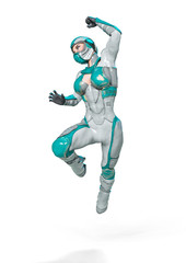 comic woman in a sci fi outfit doing a jump attack
