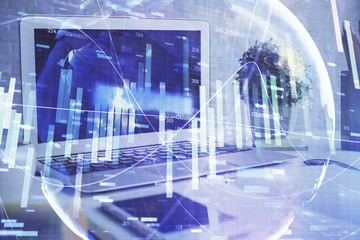 Multi exposure of business theme icons and work space with computer background. Concept of success.