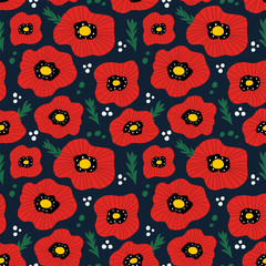 Fototapeta na wymiar Abstract colorful seamless floral pattern with red poppies. Ditsy print for textile, manufacturing etc. Vector illustration